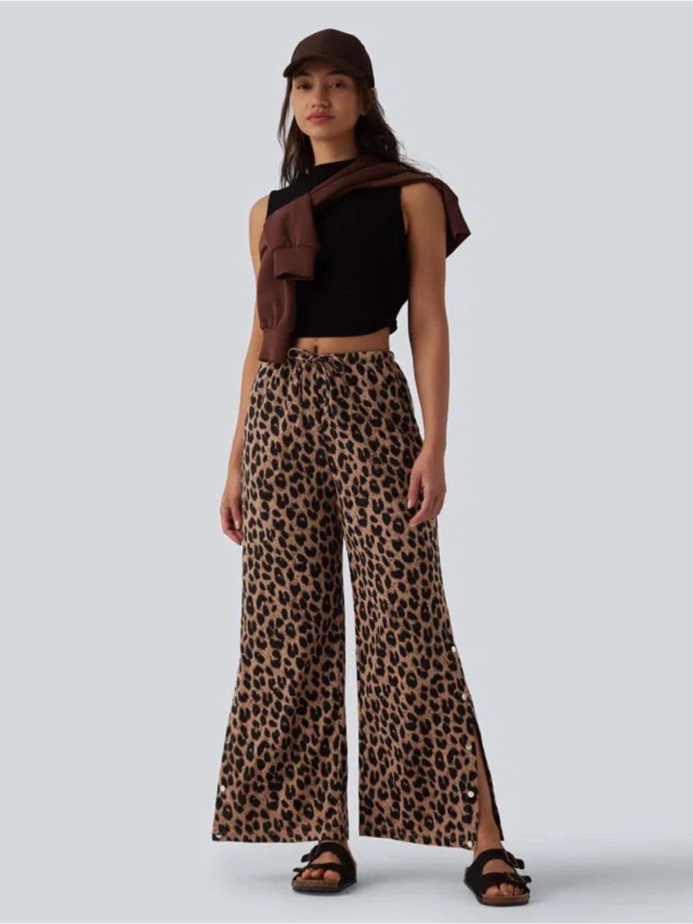 HALARA Leopard-Print Wide Leg Side Snap Pants Noir Safari
